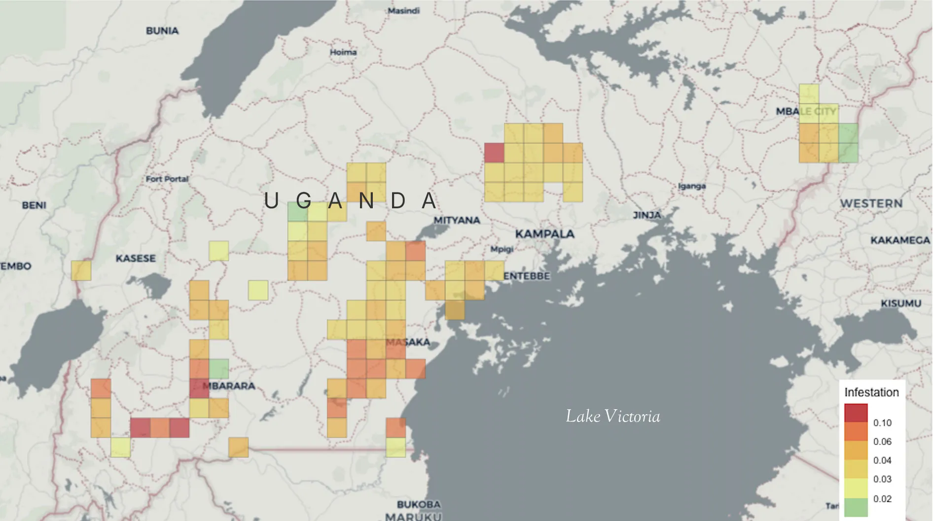 Map of Uganda with the infestation rate of coffee borer bugs, by subregion