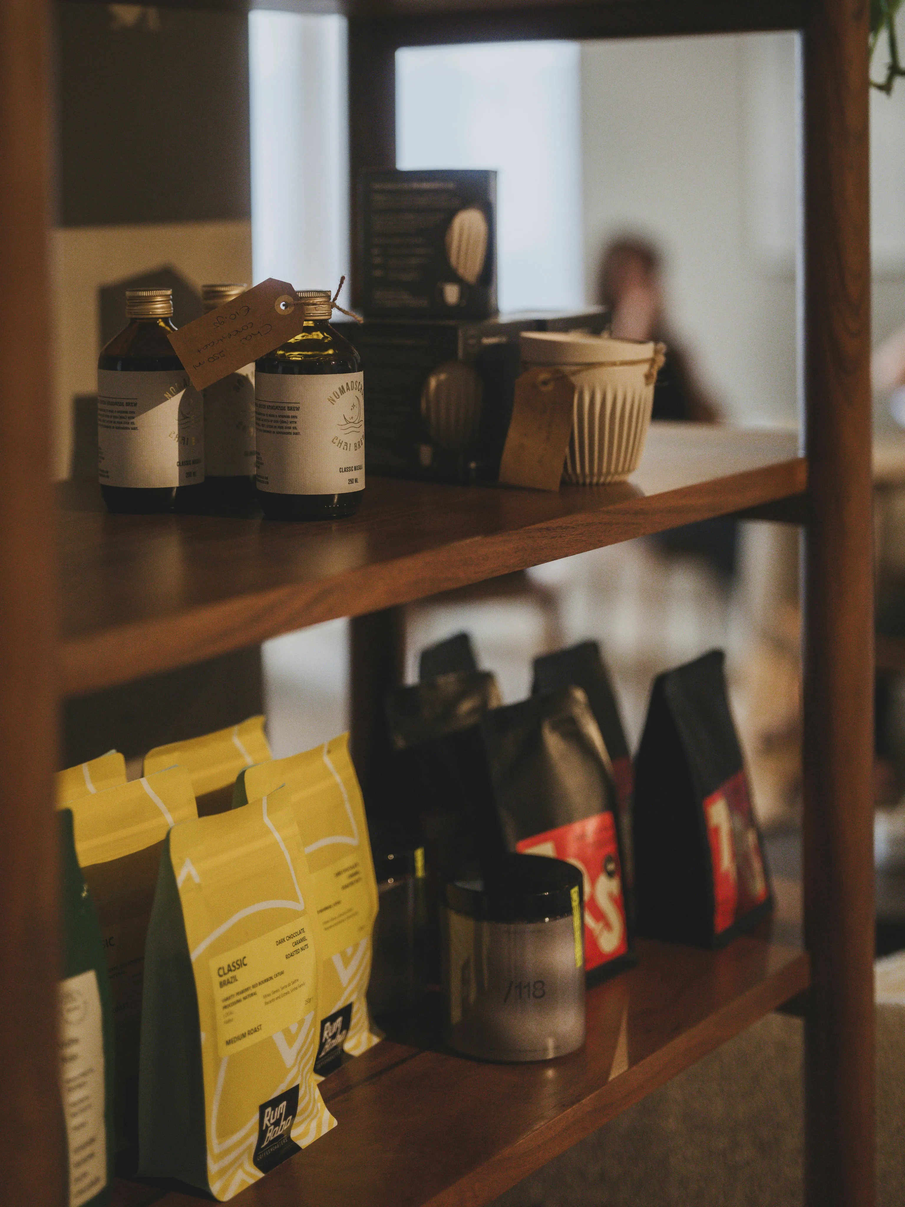 Coffee bags on a shelf for purchase